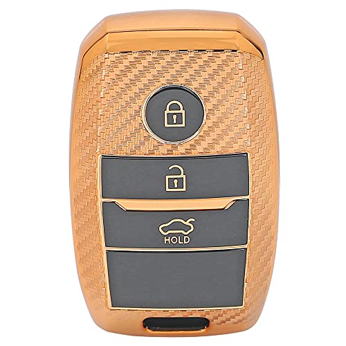 Image of JVCV Soft TPU Carbon Fiber Style Car Key Cover Compatible with Kia Seltos Sonet Carens 3 Button Push Start Car Key (Gold)