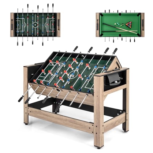 COSTWAY 2 en 1 Table de Baby-Foot Pivotante avec 28 Joueurs, Queues, Balles, Table Multijeux avec Pieds Réglables et Marqueur, Billard pour 2-4 Adultes...