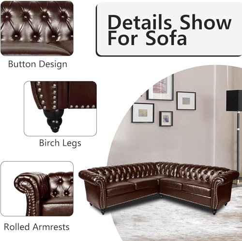 Image of QHITTY Sectional L-Shaped Sofa, Chesterfield Faux Leather Couch 5 Seater Upholstered Small Accent Tufted Sofa with Nailhead Design and Rolled Armrest for Living Room, Apartment, Office (Dark Brown)
