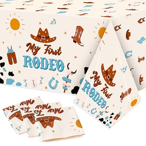 Image of K1tpde 3PCS My First Redeo Birthday Party Tablecloths Western Theme Cowboy Table Covers for Kids Blue Cowboy 1st Plastic Table Cloth for Boy Redeo Themed Party Decoration Supplies