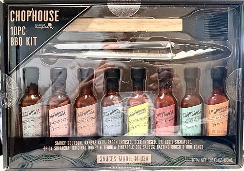Set regalo Chophouse BBQ Sauce by Thoughtfully – 8 salse barbecue gourmet + pinze in acciaio inox e pennello per imbastire – sapori dolci, speziati e affumicati per grigliare