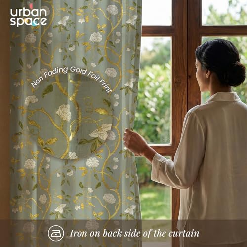 Image of Urban Space 100% Cotton Curtains with Gold Foil Print | Upto 60% Light Blocking Window Curtain 5 feet I Set of 2 Decorative Curtains with Eyelets and Tieback (Zari Baagh Sage Green Gold - 5 feet)