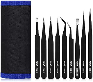 Precision Tweezer Set - FEITA Professional ESD Stainless Steel Anti Static Tweezers Kit for Electronic, Craft, Jewelry, Watchmakers, Hobby (Black 9 Pcs)