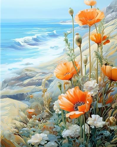 Maysurban Peinture par Numéros Adultes, Kit de Peinture à l'huile DIY pour Débutants et Eenfants, Peintures Acryliques et 4 Pinceaux,sans Cadre 40x50cm,Fleurs au bord de la mer