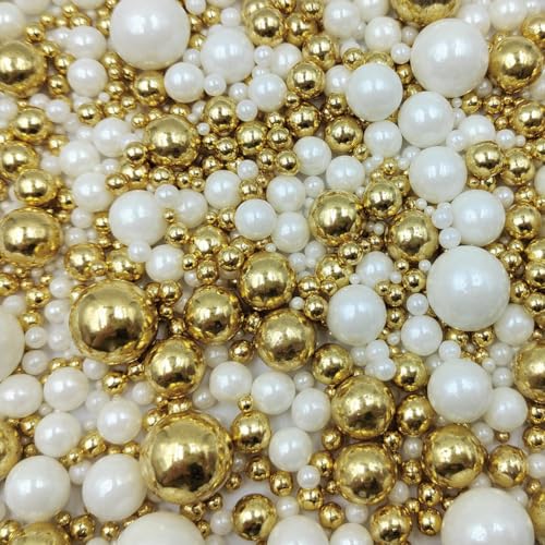 Image of Edible White Gold Sugar Pearls Candy Sprinkles 120G / 4.23Ounce Baking Cake Sprinkles Cupcake and Cake Topper Cookie Decorations Wedding Party Valentines Halloween Christmas Supplies