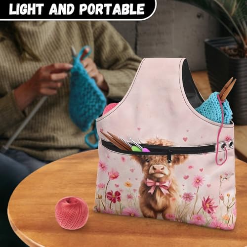 Image of KUIFORTI Highland Cow Yarn Bag Pink Flower Portable Crochet Bag Organizer Portable for Crocheting Knitting Accessories Home Valentines Day Women Gifts
