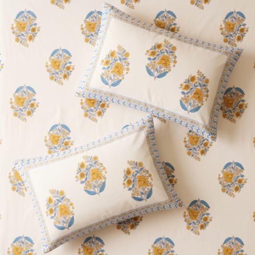 Image of Naksh Bedsheet Queen Size Bed Cotton | Royal Sajawat Vintage Mughal Floral Bedsheet with 2 Pillow Covers | Pure Cotton Bedsheets for Queen Size Bed | Royal Blue Cotton Bedding Set