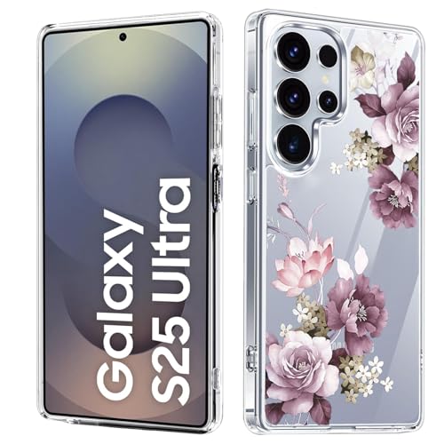 Image of Elzzi Clear Transparent Flower Cover For Samsung S25 Ultra 5g Case Shockproof Case Floral Design Camera Protection Shockproof PC+TPU Transparent Flower Cover For Girls & Women 2024 6.9 inch (Deep Purple)