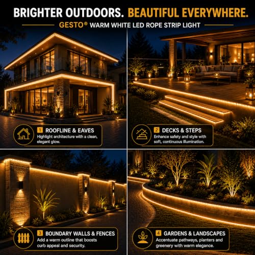 Image of Gesto 5 Meter Warm White LED Rope Strip Light | 120 LEDs /Mtr IP65 Waterproof Indoor & Outdoor Lights for Balcony, Home Decor & Cove Light for False Ceiling | Cuttable Every 1M for Diwali Decoration