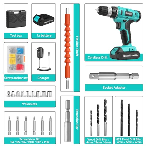 Image of FADAKWALT Cordless Drill Set, 20V Electric Power Drill With Battery And Charger, 30N Torque, 21+1 Settings, 3 /8-Inch Keyless Chuck, Driver Bits Kit, LED Light (Turquoise)