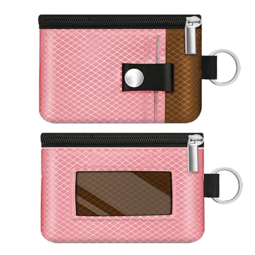 Image of Minimalist RFID Blocking Small Wallet with ID Window,WaterResistant Zip Id Case Wallet with Lanyard Keychain for Cards,Cash,Travel,Women,Men (Pink /Brown)