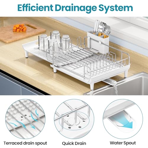 Image of TOOLF Expandable Dish Rack, Dish Drying Rack for Kitchen Counter, Foldable Dish Dryer Rack, Stainless Steel Dish Drainer Racks with Cutlery Holder, Collapsible Dish Drying Racks Large Size, White