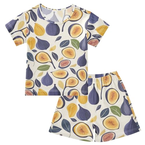Pajama Short Sets Fig Leaf Pattern Print Soft Cotton Summer Sleepwear 2 Piece PJS Size 5-14T