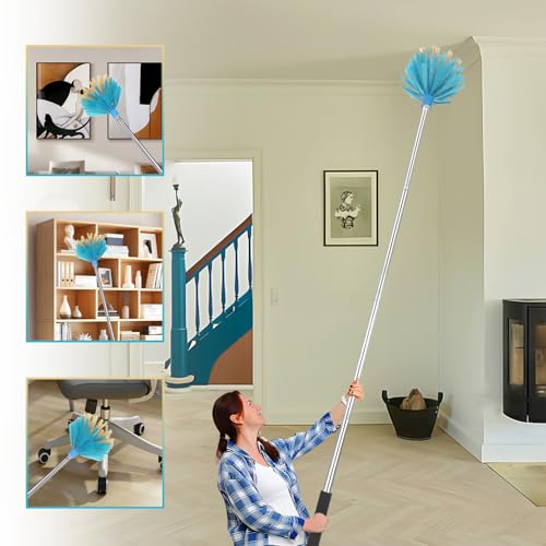 Image of Cobweb Duster with Extension Pole,Adjustable 57 inch Spider Web Brush with Pole | Medium Stiff Bristles Cobweb Duster Head ,for High Ceilings, Suitable for Ceilings, Walls, Indoor Outdoor Environments