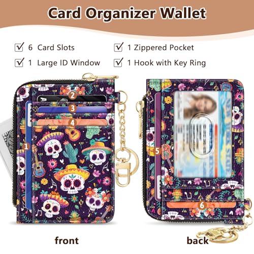 Image of GIANCOMICS Slim Wallet Credit Card Holder Women, Sugar Skull Rfid Blocking Small Card Case, Keychain Thin Pocket Curved Zipper Wallet, Travel Card Holder PU Leather ID Window, Ladies Female Gifts