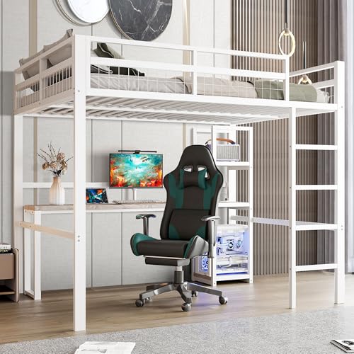 Wyibwy Cama Alta 140x200cm Con Toma De Corriente Con Usb Type-C Y Escritorio, Cama Nido Matrimonial De Metal Con Estantes Múltiples Y Escalera, Barandillas, Para Niños, Sin Colchón, Blanco