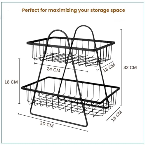 Image of Go Hooked 2 Tier Metal Fruit Basket for Dining Table | Space Efficient Countertop Wire Storage Stand for Fruits, Vegetables & Bread | Strong Metal Vanity & Home Organizer with Compact Vertical Design