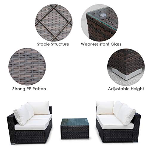 Viewee 5-Pieces Outdoor Patio Furniture Sets Rattan Wicker Patio Sofa with 2 Corner Chairs& 2 Armless Chair &1 Glass Top Patio Table