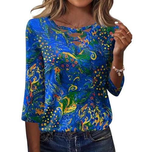 Rapbin Women Blouses Dressy Casual Spring Tops 3/4 Length Sleeve Womens T Shirts V Neck Criss Cross Tees Blue Floral Small