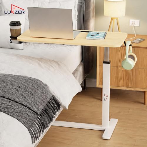 Image of Lukzer MST-002 White Frame Brown Oak Top Overbed Table with Wheels | Adjustable Height Laptop Desk for Bed & Sofa | Rolling Bedside Table for Home, Hospital & Office (40x80x95 cm)