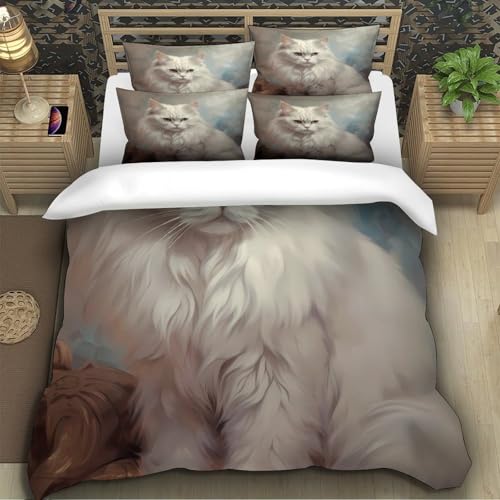 Housse de couette chat blanc 3D 140x200 microfibre avec 2 taies