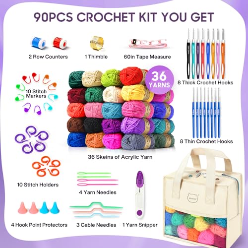 Image of 90Pc Portable Crochet Kit Suitable for Beginners & Professionals - Milky | Include 36 Colors of Crochet Yarn, 36 Crochet Hook Accessories, 16 Crochet Hooks and Storage Bag, for Knitting Enthusiasts