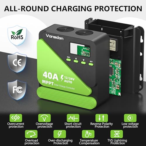 Image of Vansdon 40A Solar Charge Controller 12V /24V MPPT Solar Charge Controller, Adjustable LCD with Timer, Dual USB Ports, for RV, Boat, Cabin, Off-Grid Systems, Compatible with FLD /LiFePO4 /SLD /GEL /AGM