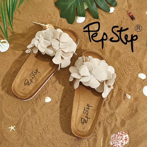 Image of PepStep Slide Sandals for Women or Ladies Dressy Summer Casual, Cute Bow Tie Knot On Top Strap, Comfy Slip On Cork Foot Bed