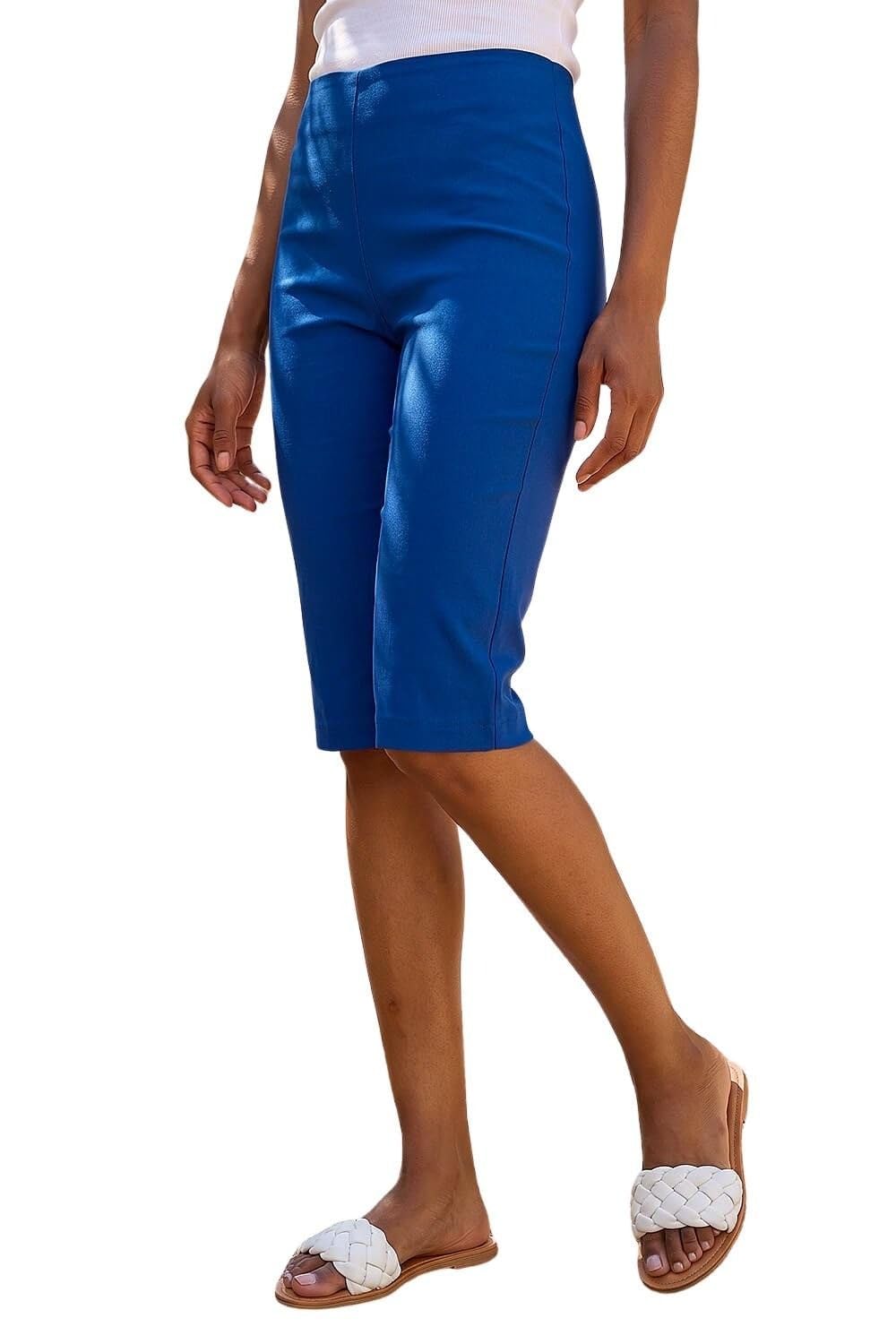 Roman Knee Length Shorts for Women UK - Ladies Cropped Capri Stretch Bengaline Pants Crop Trousers Summer Legging Lounge Essentials Elasticated Casual Clothes - Midnight Blue - Size 16