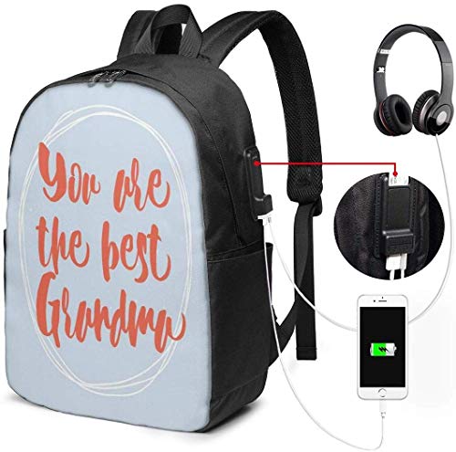 Preisvergleich Produktbild Schulrucksack-Taschen mit USB-Ladeanschluss und Kopfhöreranschluss, Gekritzel-Kreisen auf Pastellhintergrund und kalligraphischem bestem Großmutter-Zitat, 17in