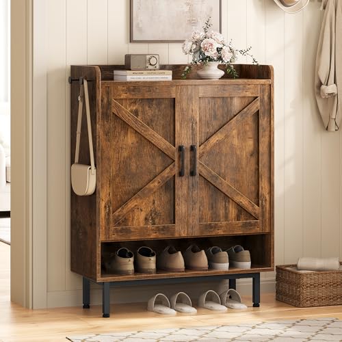 Yaheetech Shoe Storage Cabinet with Doors, Farmhouse Shoe Cabinet with 2 Adjustable Shelves and 4 Side Hooks, Wooden Shoe Rack Organizer Cabinet for Entryway, Foyer, Hallway, Rustic Brown