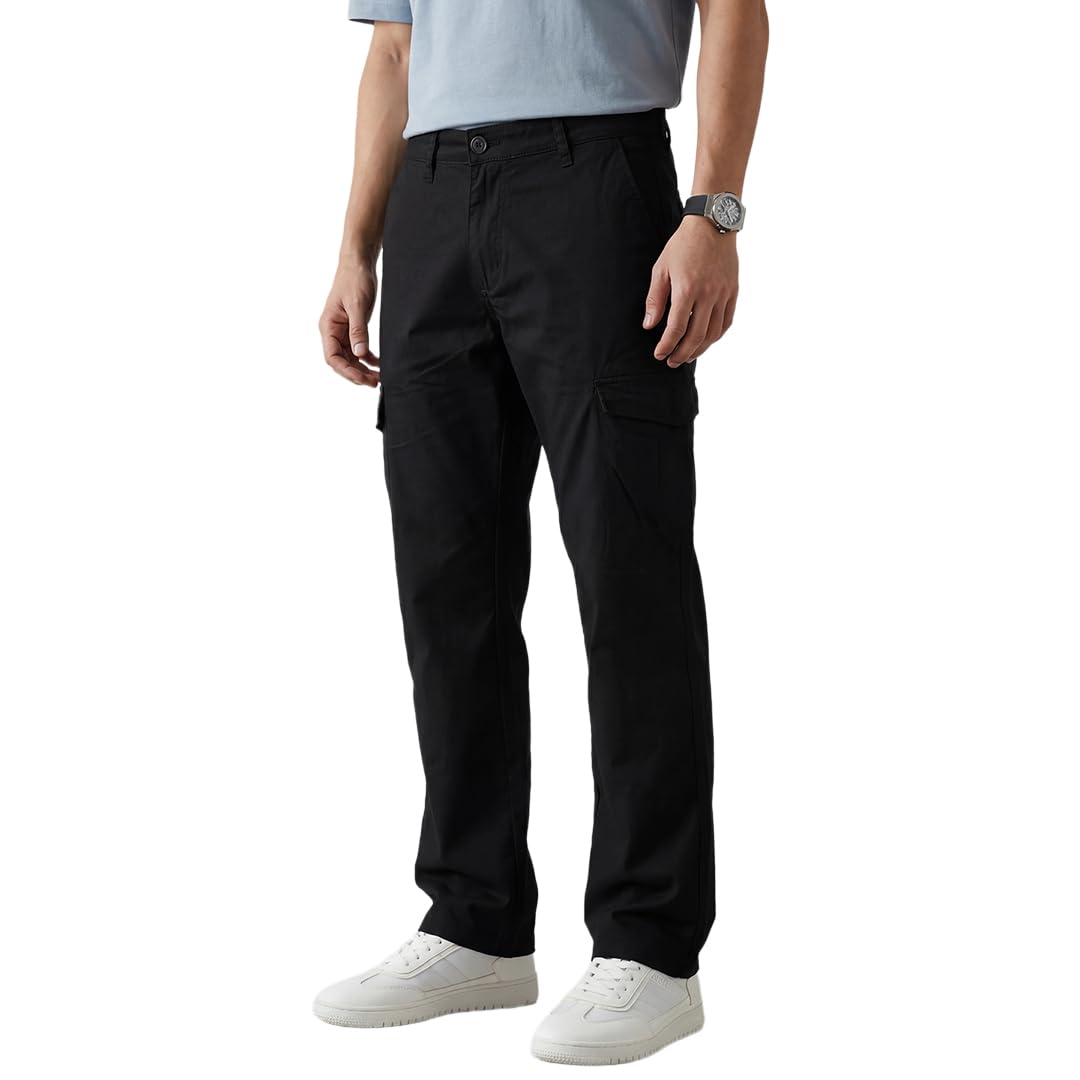 wrogn Men's 100% Cotton Cargo Trouser | Black Straight Fit | Solid Casual Pants-picture-25