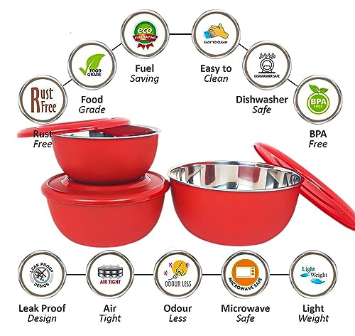 Image of Microwave Safe Stainless Steel Food Storage Container with Lid | Euro Mixing Bowl Set for Kitchen | 500ml, 800ml, 1250ml | Pack of 3 | Leak-Proof (Classic Red Plain 3)