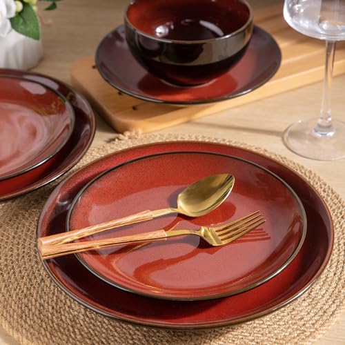 Image of LERATIO Ceramic Dinnerware Sets for 8,Stoneware Plates and Bowls Sets,Handmade Reactive Glaze Dishes Set,Chip Resistant and Scratch Resistant | Oven&Dishwasher & Microwave Safe-Red (24PCS)