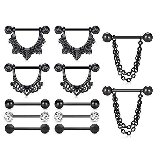 LAURITAMI 6 Paar Brustwarzenpiercing Nippelpiercing Chirurgenstahl 14G 16mm Straight Barbell Nippel Piercing Schmuck Schild Kette Cover