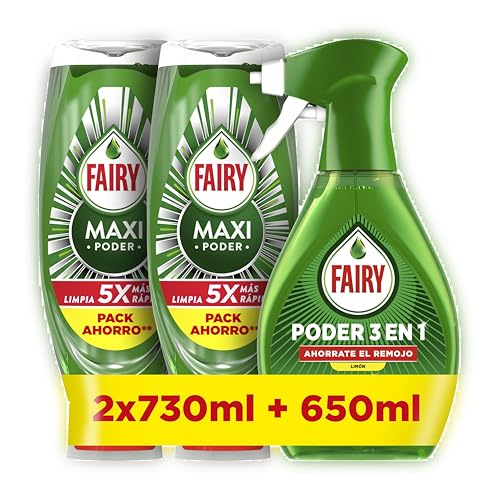 Lote de 2 Fairy Maxi Poder Líquido Lavavajillas 730ml y 1 Fairy Poder Sin Remojo Limón Spray 650ml