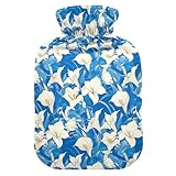 White Lily Blue - Bolsa de agua para botella caliente con cubierta suave, compresa caliente de 1 litro para terapias frías y calientes