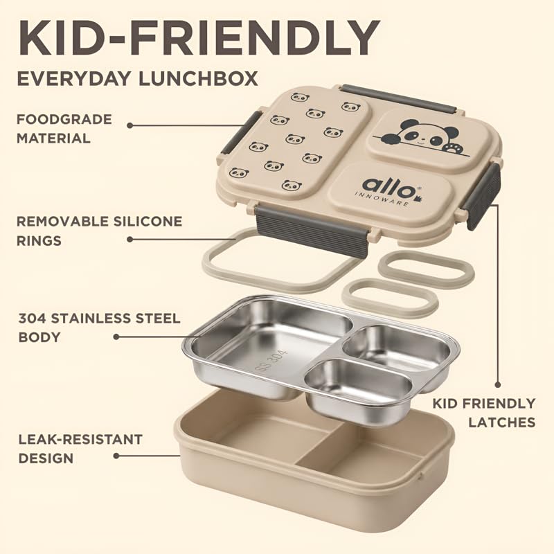 Image of Allo Bento Stainless Steel Lunch Box for Kids- BIS Approved, 304 Stainless Steel 3 Compartment Leakproof Tiffin Box for Boys and Girls for School, Travelling, Baby Snacks, 740ml Beige Panda