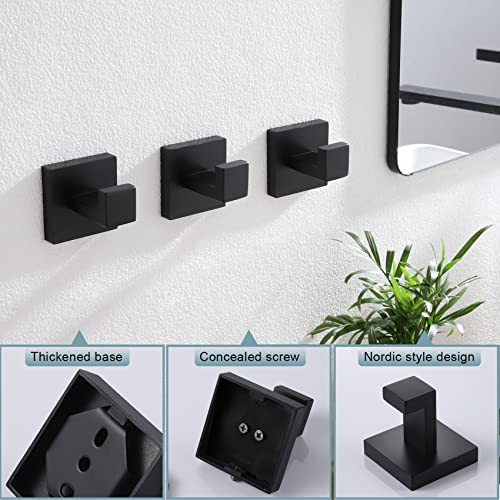 Image of KOKOSIRI Bath Towel Hook Wall Mounted Square Robe Hook Coat Hook Bathroom Kitchen Garage Heavy Duty SUS 304 Stainless Steel 3 Pack Matte Black B1010BK-P3