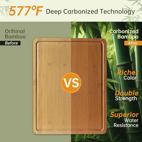 Image of THETCHRY Bamboo Cutting Boards for Kitchen, 1 inchThickened Cutting Board with Juice Groove, Large Butcher Block with Handle, Wood Charcuterie Chopping Board for Prep & Serving Tray, 17 inch x 13 inch