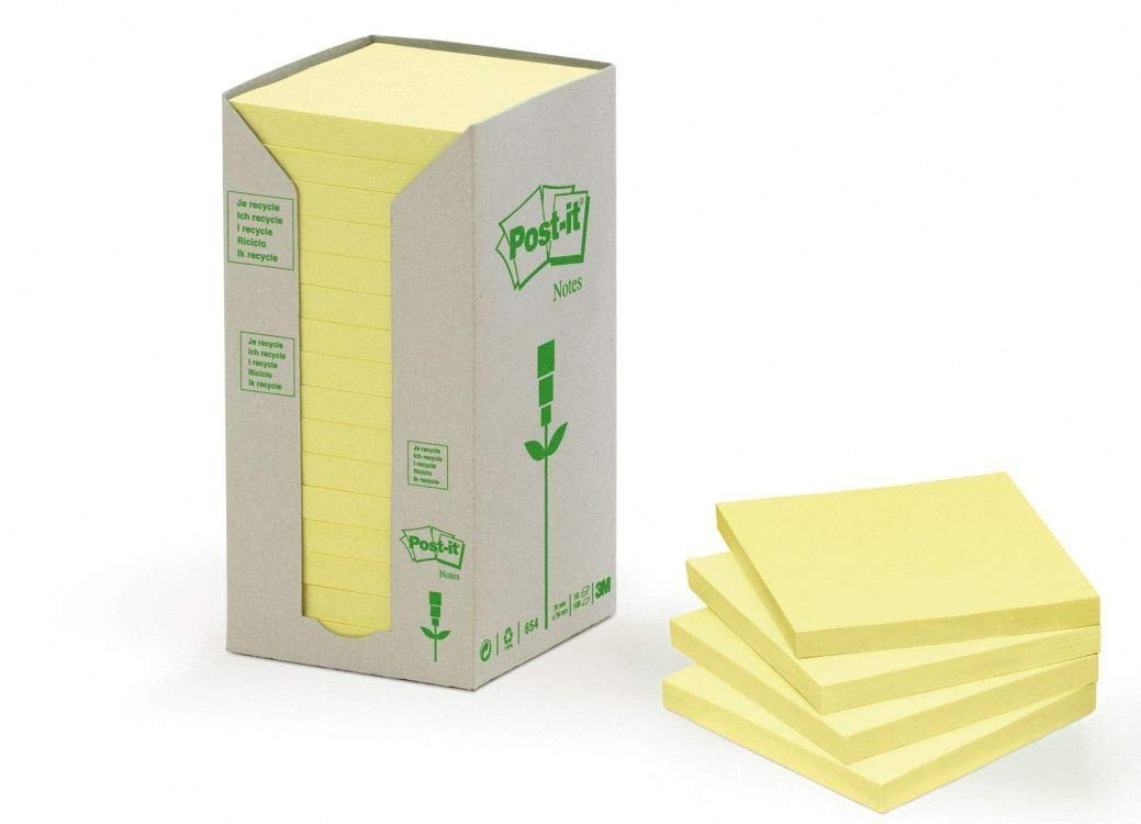 Post-itRecycled Notes Canary Yellow Color 654-1T, 3 x 3 in (76 mm x 76mm), 100 sheets/pad, 16 pads/Tower
