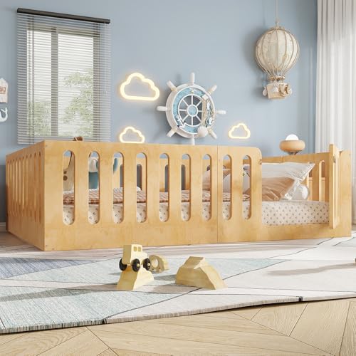 Image of Bellemave Queen Size Kids Montessori Floor Bed,Queen Size Floor Bed Frame with High Fence and Door,Solid Wood Montessori Bed for Girls Boys,Natural