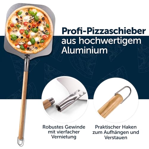 Foto von Blumtal Pizzaschieber mit großer Fläche und abnehmbaren Griff - 30,5cm x 30,5cm Pizzaschaufel Aluminium - abnehmbarer Griff aus Holz 85cm