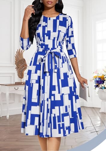 Image of Casual Dresses for Women Midi Church A-Line Fit and Flare Dress Crewneck 3 /4 Sleeve Party Dress