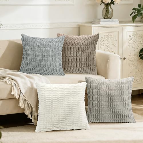 Hibate Neutral Corduroy Cushion Covers 45 x 45 cm Set of 4 Boho D...
