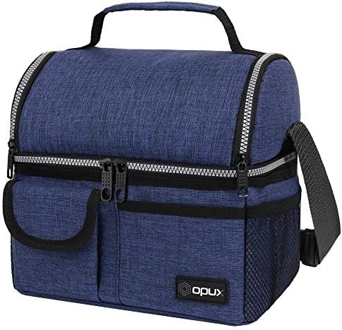 OPUX Insulated Dual Compartment Lunch Bag for Men, Women | Double Deck Reusable Lunch Pail Cooler Bag with Shoulder Strap, Soft Leakproof Liner | Large Lunch Box Tote for Work, School (Navy), Standard