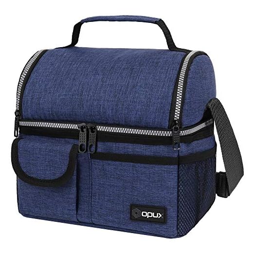 OPUX Insulated Dual Compartment Lunch Bag for Men, Women | Double Deck Reusable Lunch Pail Cooler Bag with Shoulder Strap, Soft Leakproof Liner | Large Lunch Box Tote for Work, School (Navy)
