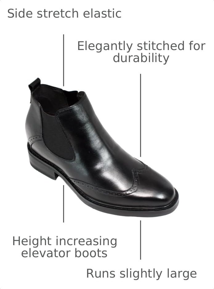 Image of Calden Men's Invisible Height Increasing Elevator Shoes - Black Leather Slip-on Wing-tip Chelsea Boots - 3 Inches Taller - K28802 - Size 7.5 D(M) US