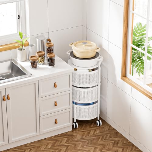 Image of JAQ No Assembly White Rotating Kitchen Storage Organizer, 3-Tier Metal Basket Rack with Wheels, Space Saving Fruit & Vegetable Storage Cart for Small Kitchen, Pantry, White