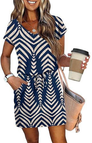 Image of OFEEFAN Summer Dresses for Women 2026 V Neck T Shirt Casual Mini Dresses Tie Waist Sundresses with Pockets